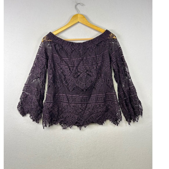 APT 9 Purple Lace Off Shoulder Long Sleeve Bell Sleeve Top Blouse Womens M - Picture 2 of 9